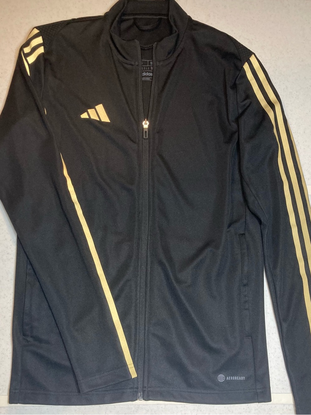 Adidas TIRO Men’s Soccer Track Jacket with Gold Stripes HR7277 zip like new sz S
